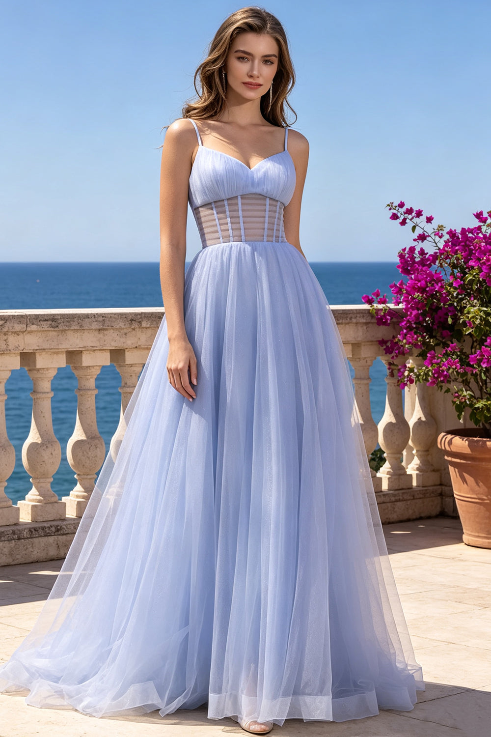 Tulle Prom Dress Spaghetti Strap V‑Neck Sheer Mesh Corset Flowy A‑Line Formal Gown (HW230)