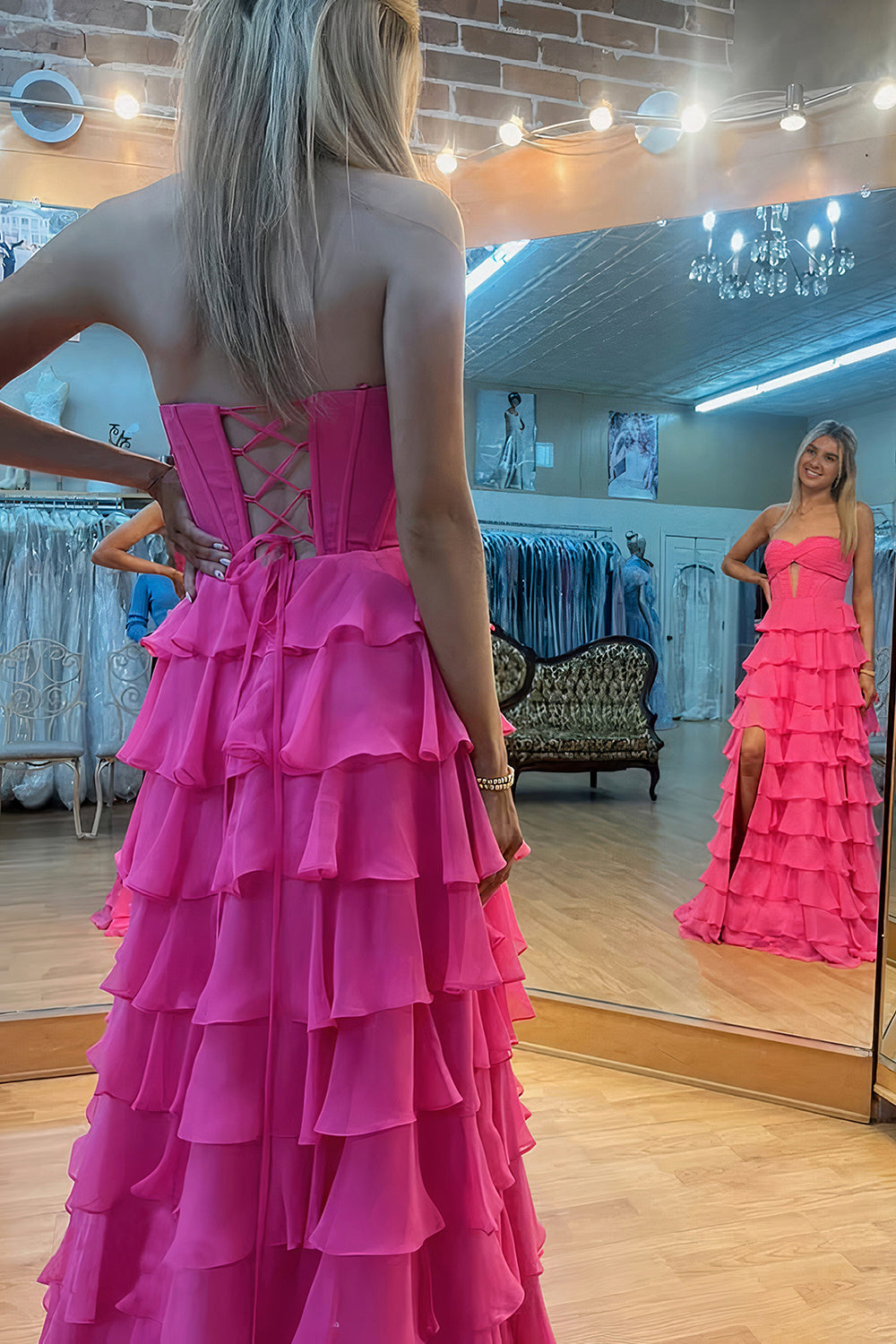 Prom Dresses for Women 2026 Strapless Long A-Line Corset Chiffon Tiered Wedding Guest Dress with Side Slit (HW014)