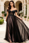 Off Shoulder Tulle Prom Dress Beaded Lace Up Back Long Wedding Guest Formal Cocktail Dress for Evening Party (HW169)