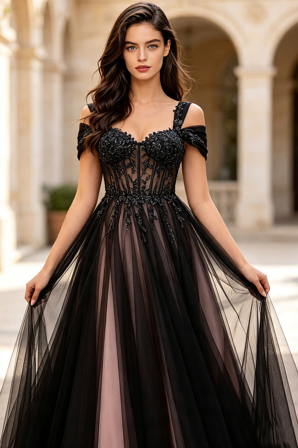 Off Shoulder Tulle Prom Dress Beaded Lace Up Back Long Wedding Guest Formal Cocktail Dress for Evening Party (HW169)