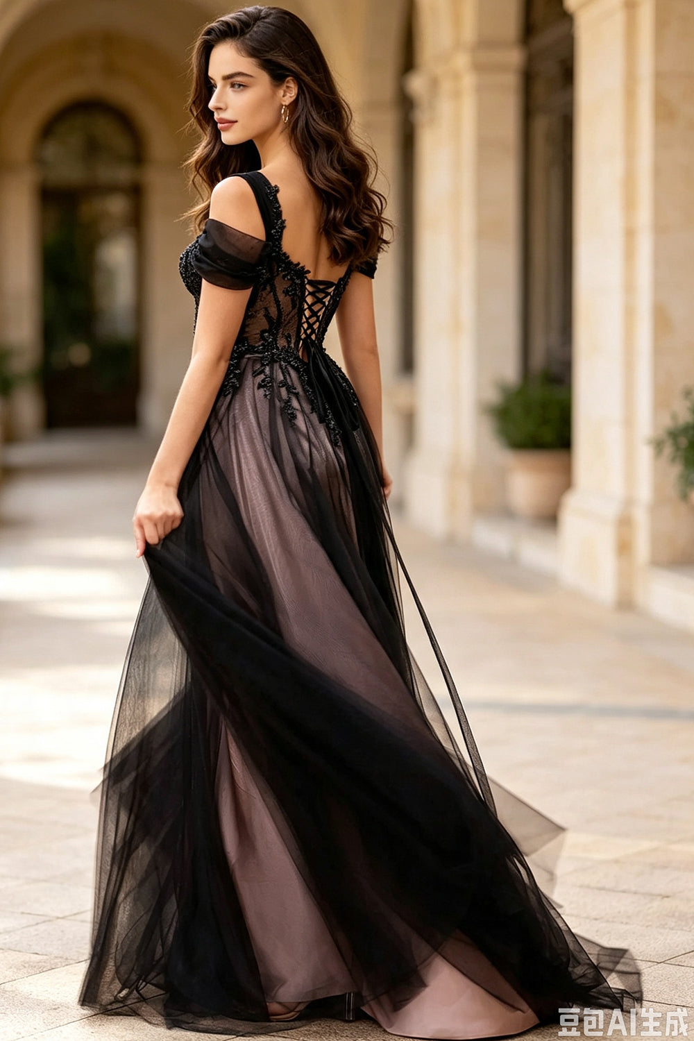 Off Shoulder Tulle Prom Dress Beaded Lace Up Back Long Wedding Guest Formal Cocktail Dress for Evening Party (HW169)