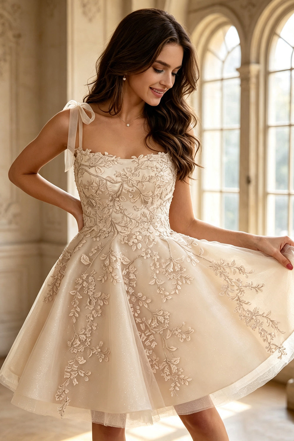 Tulle Spaghetti Straps A-Line Homecoming Dress Short for Teen Lace Appliques Glitter Graduation Party (HW174)