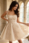 Tulle Spaghetti Straps A-Line Homecoming Dress Short for Teen Lace Appliques Glitter Graduation Party (HW174)