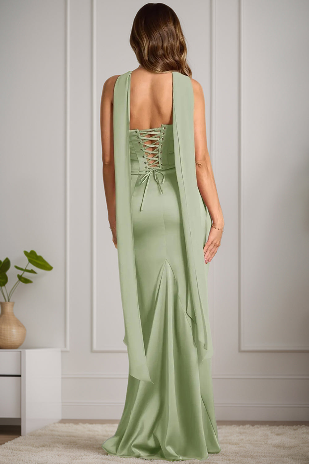 Satin Mermaid Bridesmaid Dress for Women Long 2026 Halter Neck Side Slit Lace Up Wedding Guest Dresses with Scarf (HW012)