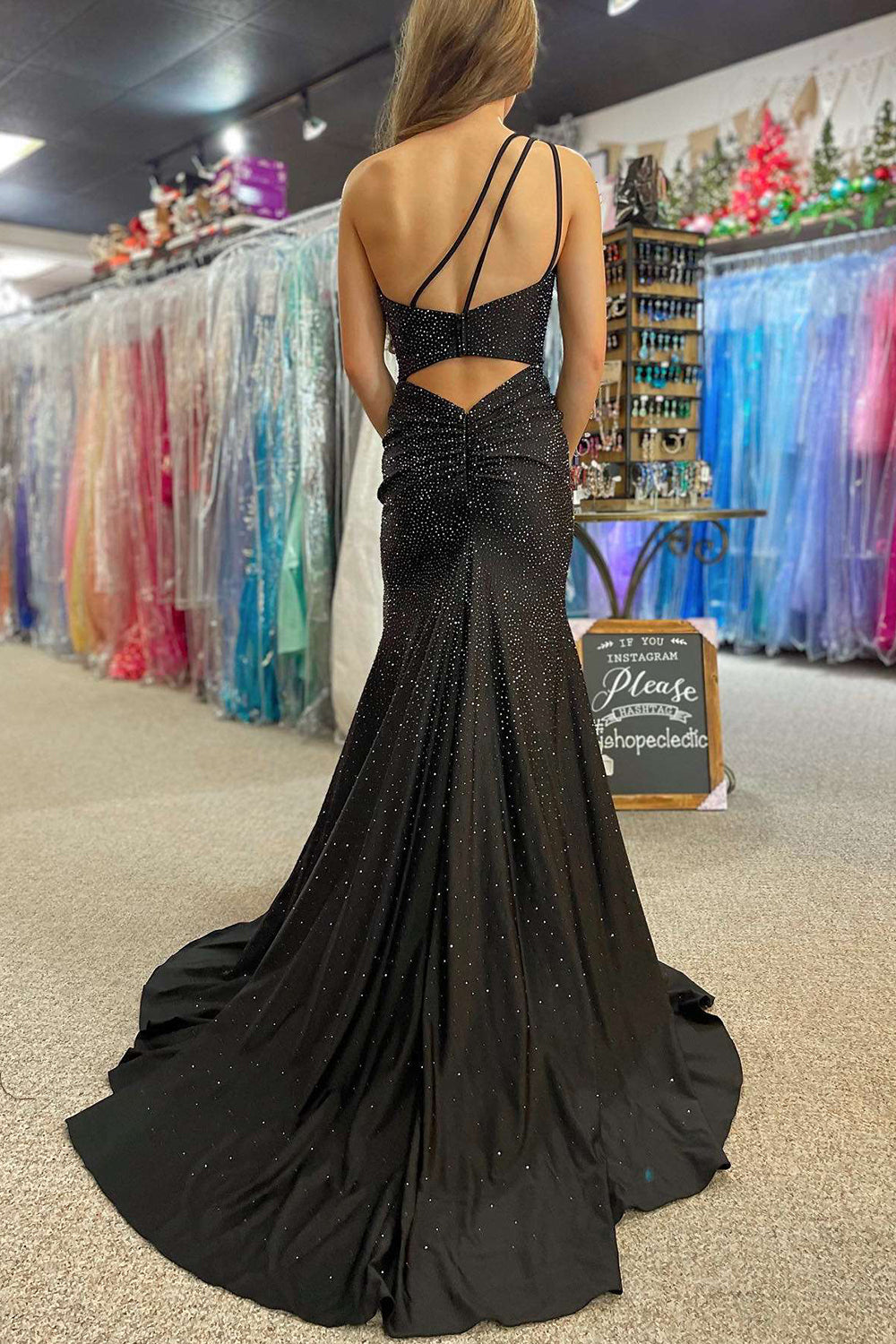 Glittery Satin Prom Dresses Mermaid Side Slit One Shoulder Evening Dress Long for Women (HW051)