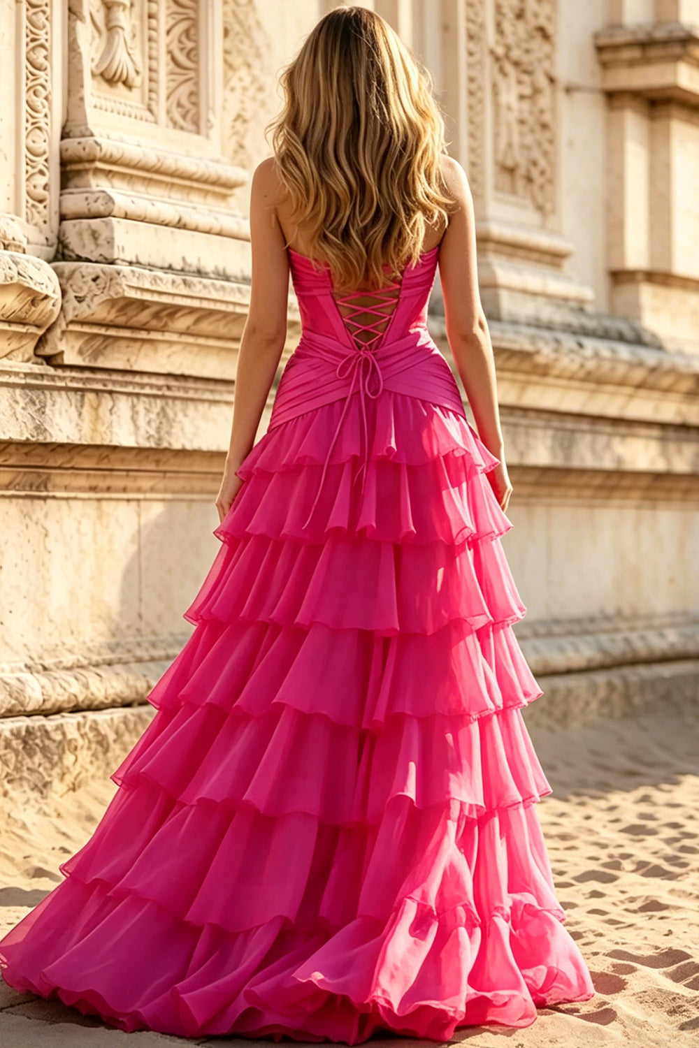 Satin Sweetheart Corset Prom Dresses Pleated Chiffon Layered Ruffle Long Slit Party Dress With Lace Up (HW042)
