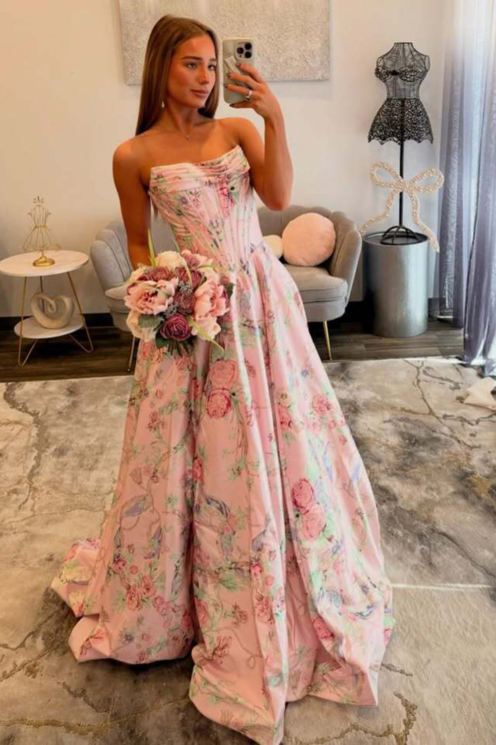Long A Line Strapless Floral Print Prom Dresses with Side Slit Backless Evening Party Gowns (HW021)