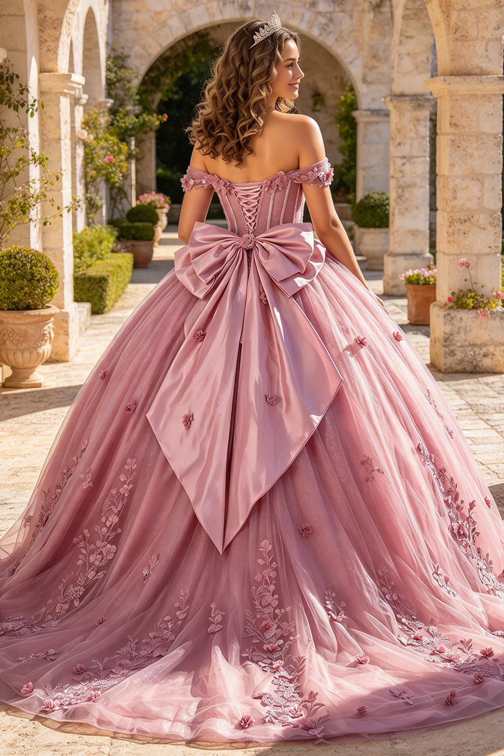Off Shoulder Quinceanera Dresses 3D Floral Applique Glitter Tulle Ball Gown Satin Bow Sweet 15 Dress (HW350)