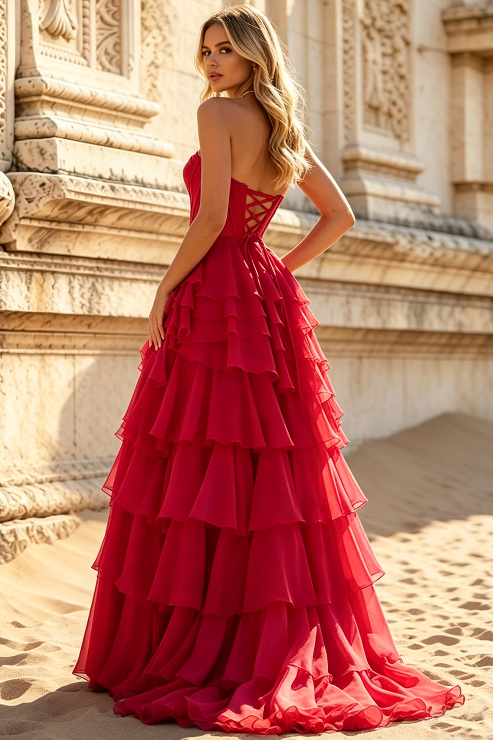 Satin Sweetheart Corset Prom Dresses Chiffon Layered Ruffle Long Slit Party Dress With Lace Up (HW043)