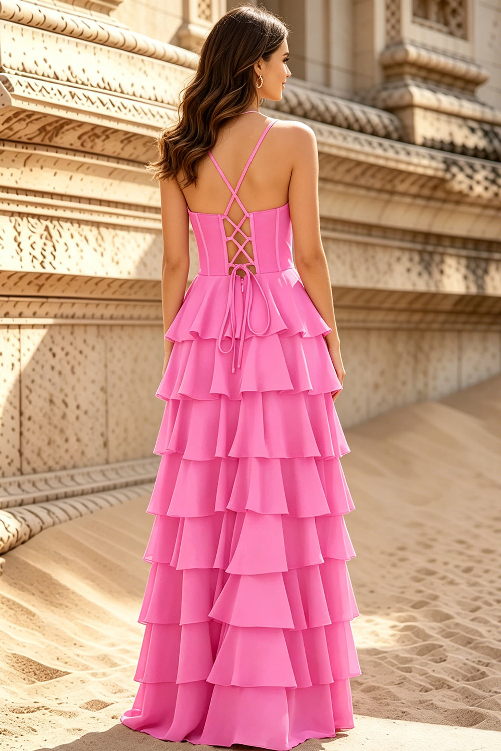 Spaghetti Straps Chiffon Slit Corset with Lace Up Prom Dresses for Women (HW073)