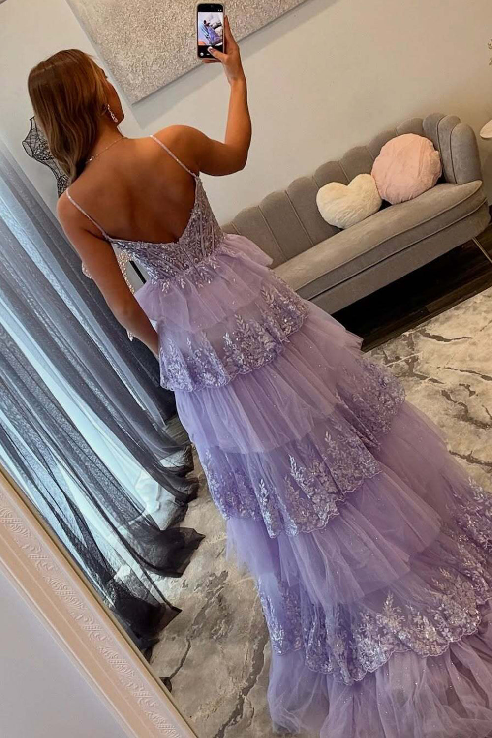 Spaghetti Straps A Line Corset Prom Dress Lace Appliqued Cocktail Dresses Long with Ruffled (HW022)