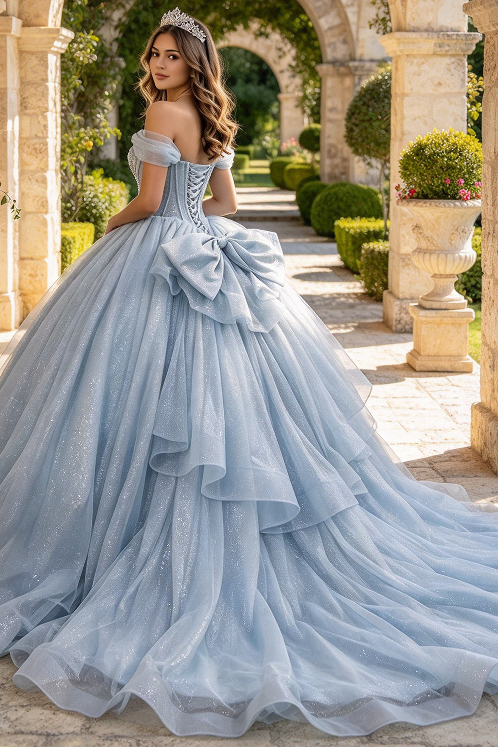 Off The Shoulder Quinceanera Dress Glitter Tulle Ball Gown With Bow Corset With Lace-Up (HW348)