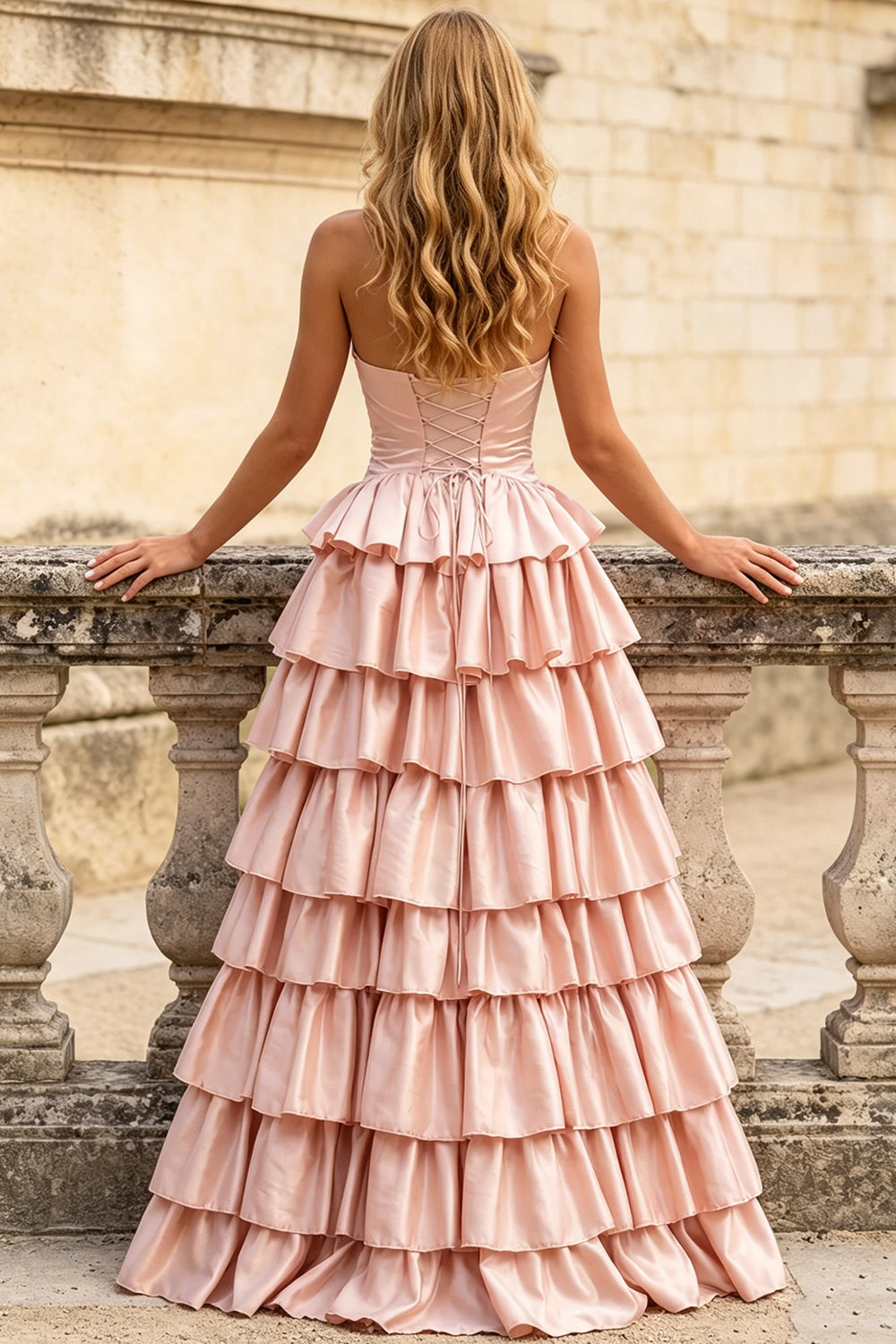 Satin Sweetheart Corset Prom Dresses Pleated Layered Ruffle Long Slit Party Dress With Lace Up (HW039)