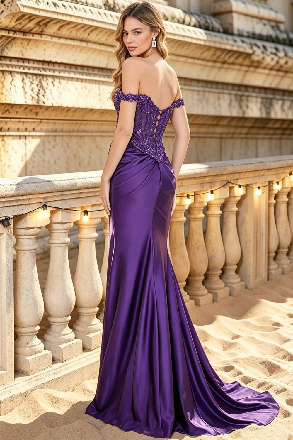 Satin Mermaid Off Shoulder Prom Dresses Appliques Slit Evening Dress Long for Women with Lace Up (HW054)