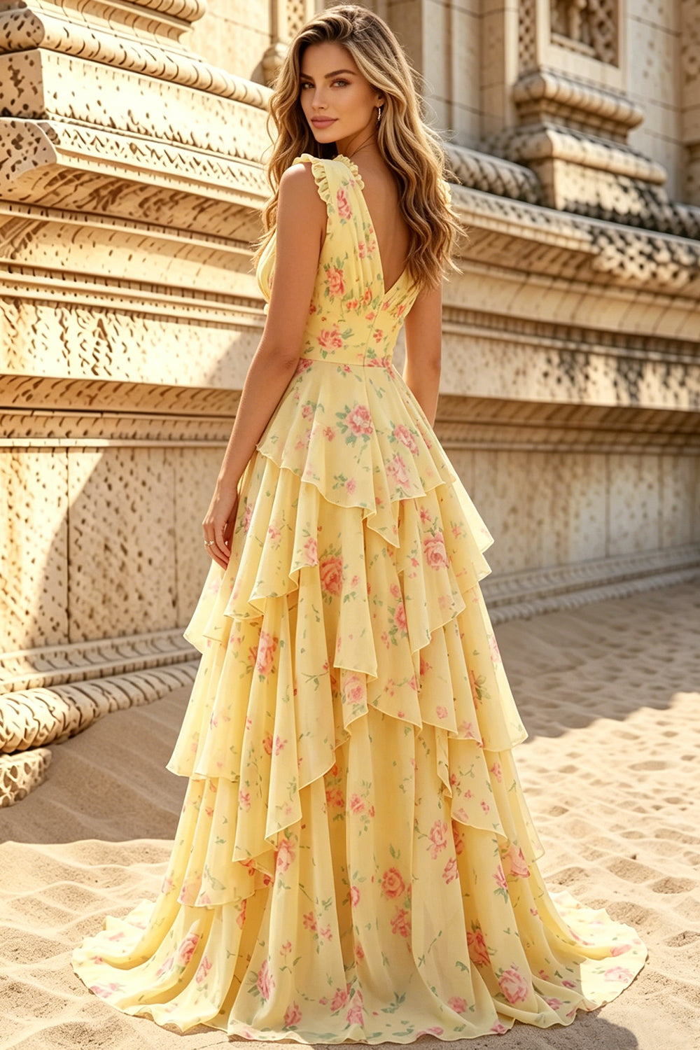 Chiffon A Line Prom Dresses for Women 2026 Straps Flower Tiere Ruffled Formal Evening Party Dress (HW070)