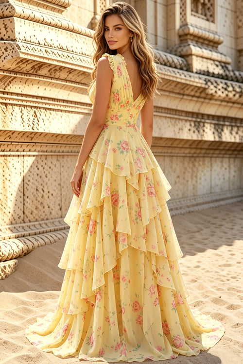 Chiffon A Line Prom Dresses for Women 2026 Straps Flower Tiere Ruffled Formal Evening Party Dress (HW070)