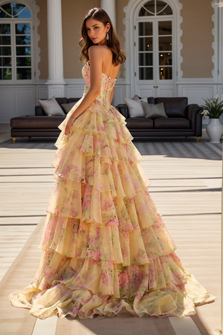 Satin Floral Corset Prom Dresses for Women Long 2026 with Slit Strapless Chiffon Tiered Ball Gown Quinceanera Dress(HW002)