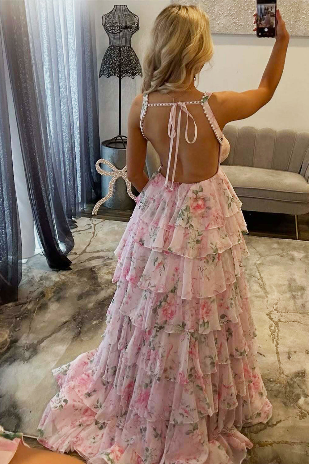 Long A Line Strapless Floral Print Prom Dresses Chiffon Tiered Backless Evening Party Gowns (HW019)