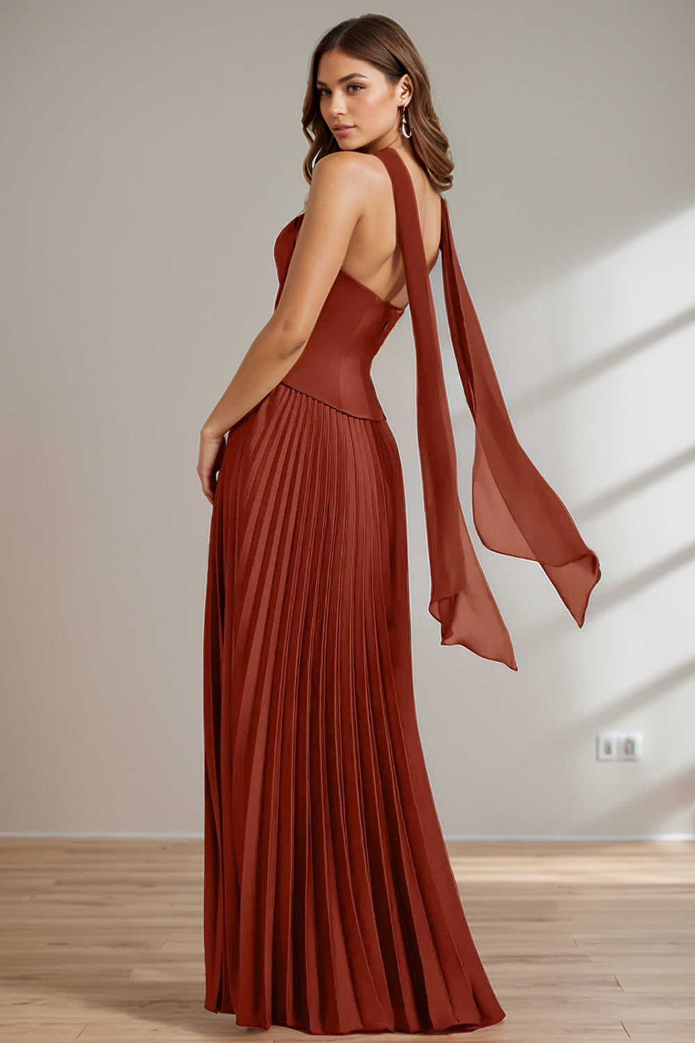 Satin Bridesmaid Dress for Women Long 2026 Strapless Corset Ruched Wedding Guest Dresses with Detachable Scarf (HW024)