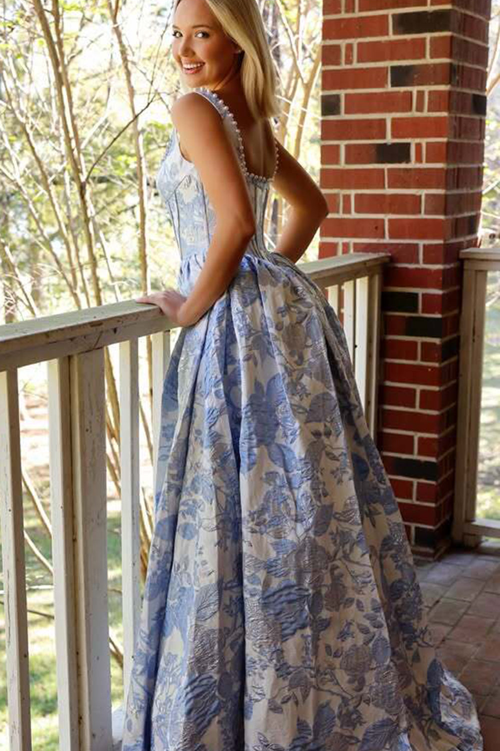 Long A Line Shoulders Floral Print Prom Dresses with Pearls Backless Evening Party Ball Gowns (HW025)