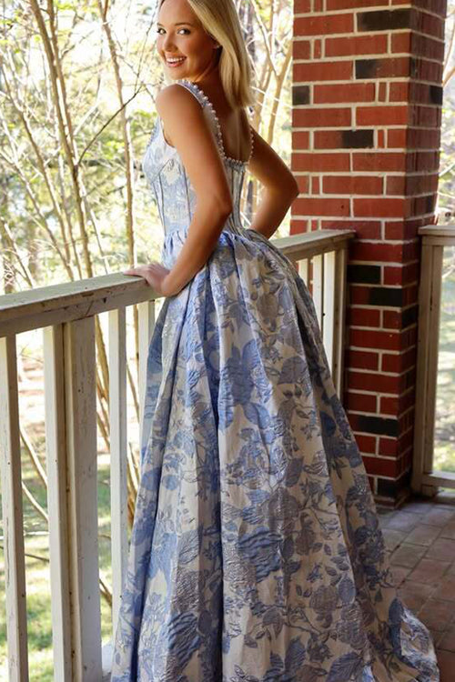 Long A Line Shoulders Floral Print Prom Dresses with Pearls Backless Evening Party Ball Gowns (HW025)