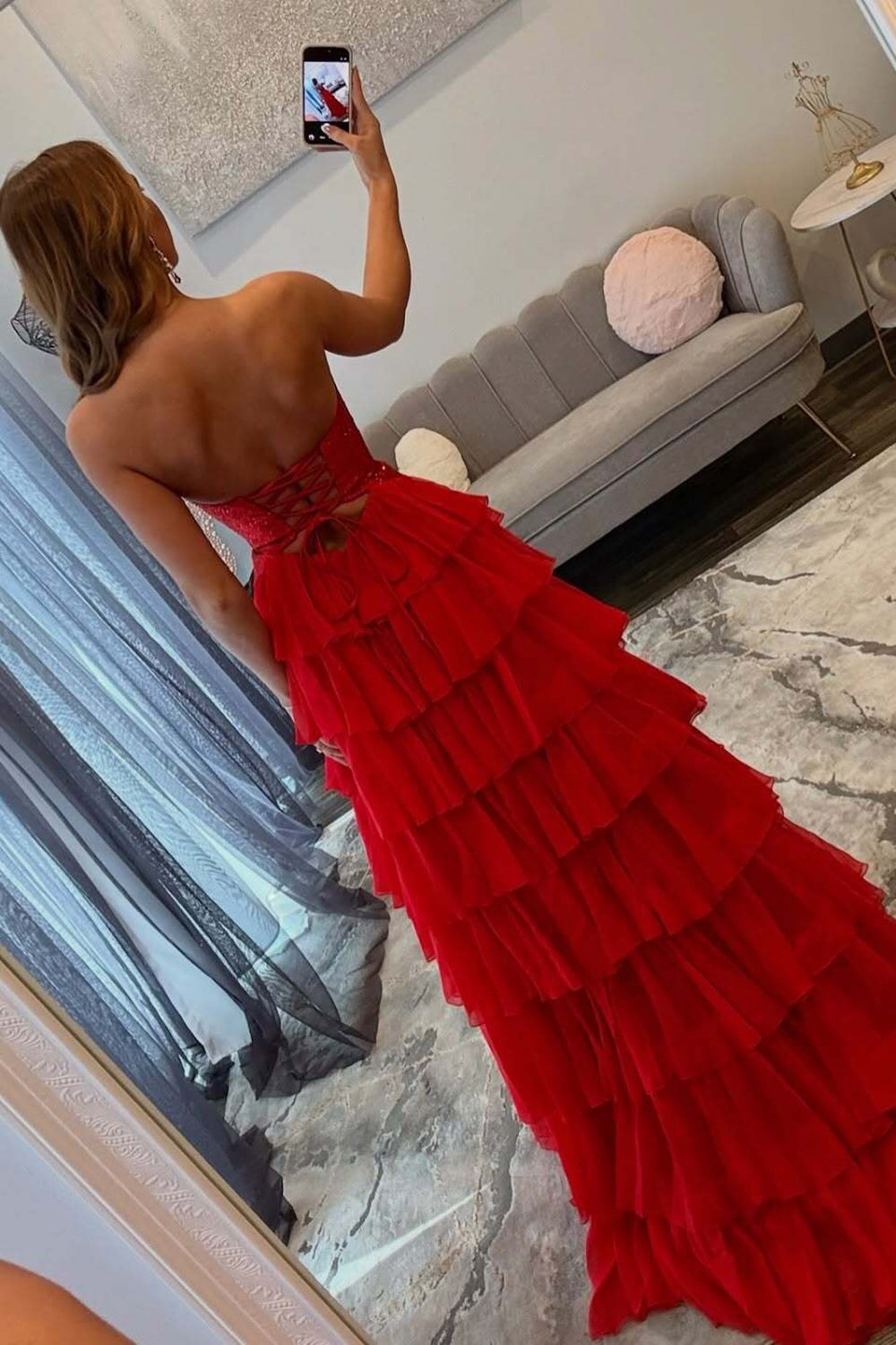 Sweetheart Long A Line Chiffon Ruffled Prom Dresses 2026 Side Slit Keyhole Lace Up Evening Gowns for Women (HW005)