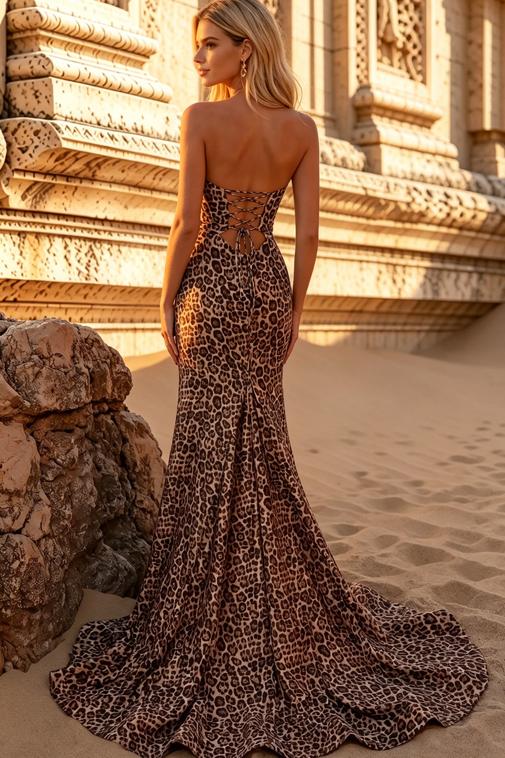 Leopard Print Satin Mermaid Prom Dresses for Women Long Corset  Sweetheart Evening Dress 2026 with Side Slit (HW053)