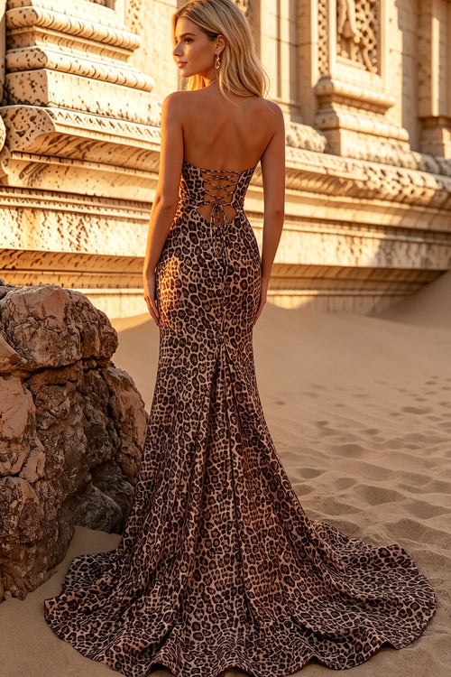 Leopard Print Satin Mermaid Prom Dresses for Women Long Corset  Sweetheart Evening Dress 2026 with Side Slit (HW053)