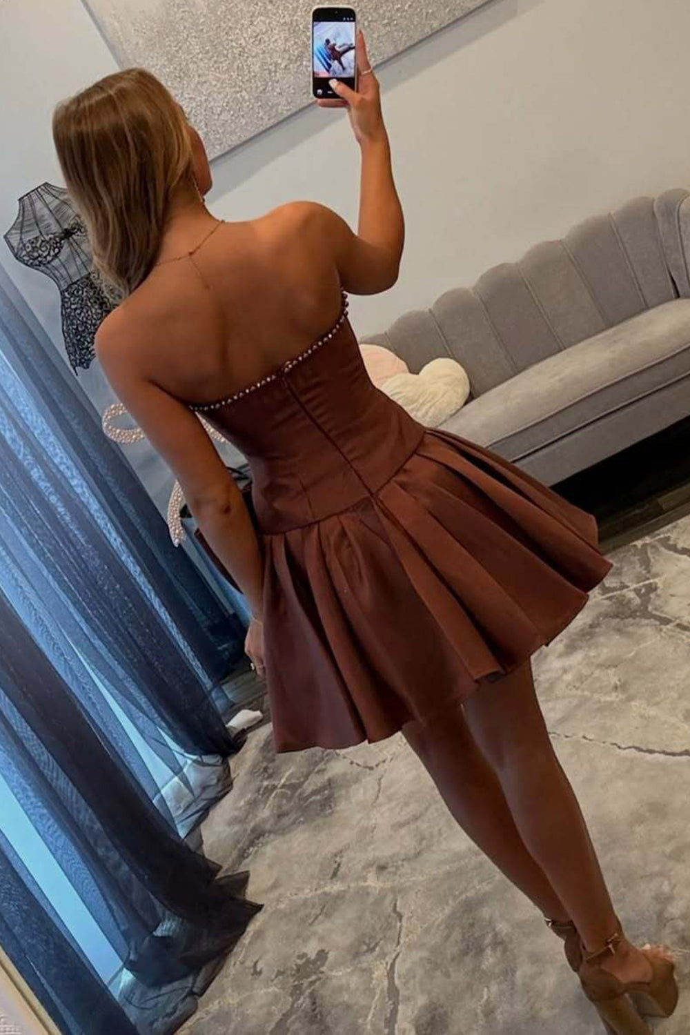 Strapless Rhinestone Trim Big Bow Satin Pleated Skater Mini Dresses Cocktail Homecoming Dress (HW093)