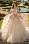 Champagne Off Shoulder Quinceanera Dress Colorful 3D Floral Applique Tulle Princess Ball Gown (HW345)