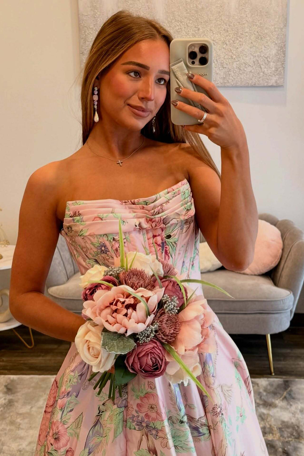 Long A Line Strapless Floral Print Prom Dresses with Side Slit Backless Evening Party Gowns (HW021)