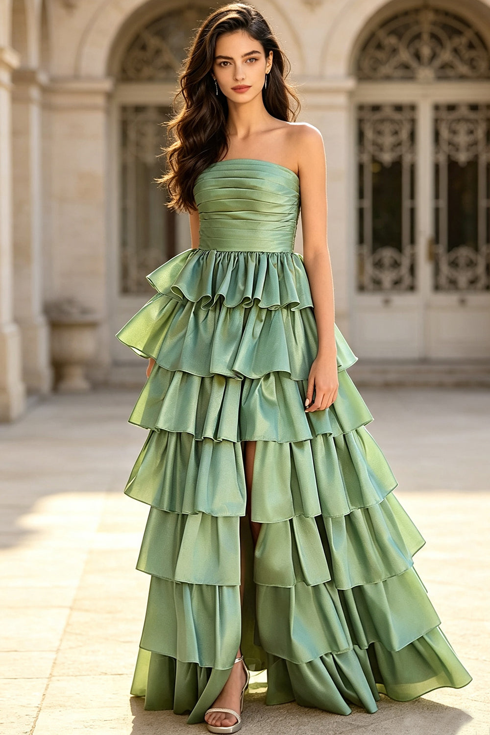 Strapless Satin Tiered Ruffle Prom Dress High Slit Back Zip Long Elegant Wedding Guest Dress (HW168)