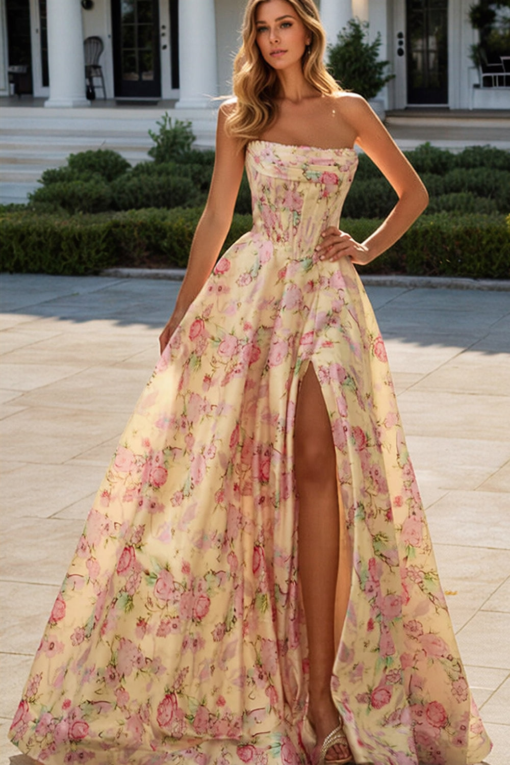 Satin Floral A Line Prom Dresses for Women Long Corset 2026 with Side Slit Strapless Wedding Guest Dress (HW004)