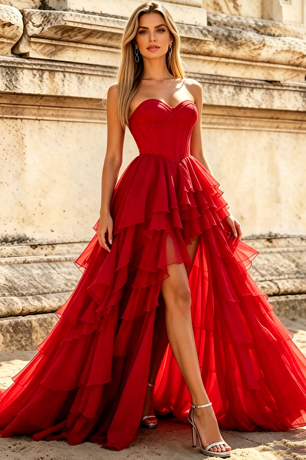 Satin Sweetheart Corset Prom Dresses Chiffon Layered Ruffle Long Slit Party Dress With Lace Up (HW043)