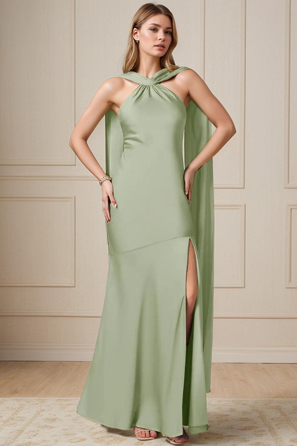 Satin Mermaid Bridesmaid Dress for Women Long 2026 Halter Neck Side Slit Lace Up Wedding Guest Dresses with Scarf (HW012)