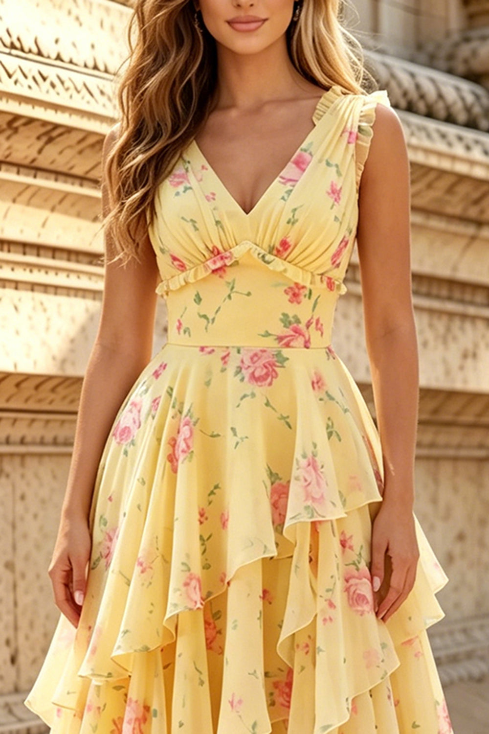 Chiffon A Line Prom Dresses for Women 2026 Straps Flower Tiere Ruffled Formal Evening Party Dress (HW070)