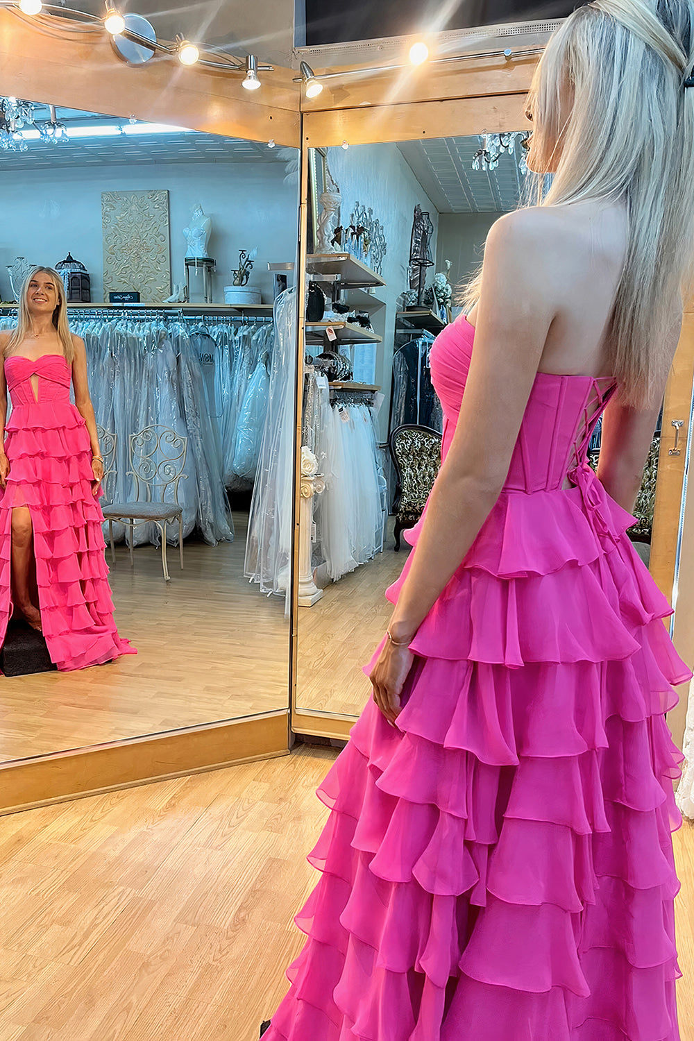 Prom Dresses for Women 2026 Strapless Long A-Line Corset Chiffon Tiered Wedding Guest Dress with Side Slit (HW014)