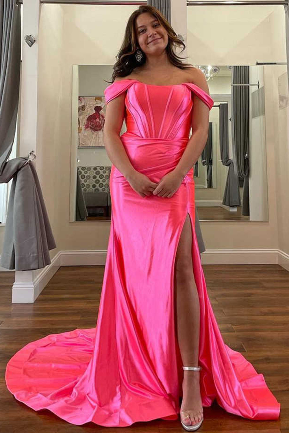 Satin Mermaid Off Shoulder Prom Dresses Side Slit Evening Dress Long for Women (HW048)