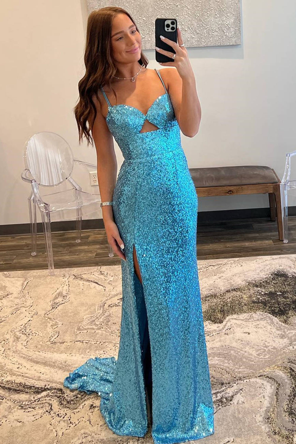 Sparkly Sequin Prom Dresses for Women 2026 Semi Formal Dress for Wedding Guest with Slit (HW047)