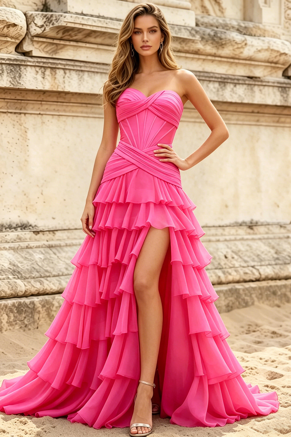 Satin Sweetheart Corset Prom Dresses Pleated Chiffon Layered Ruffle Long Slit Party Dress With Lace Up (HW042)