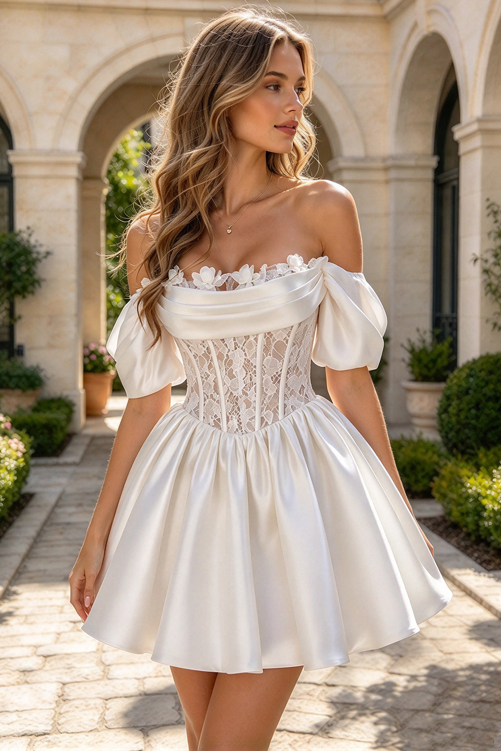 Off The Shoulder Puff Sleeve Homecoming Dress Lace Appliques Satin Lace Up A Line Mini Party Dress (HW308)