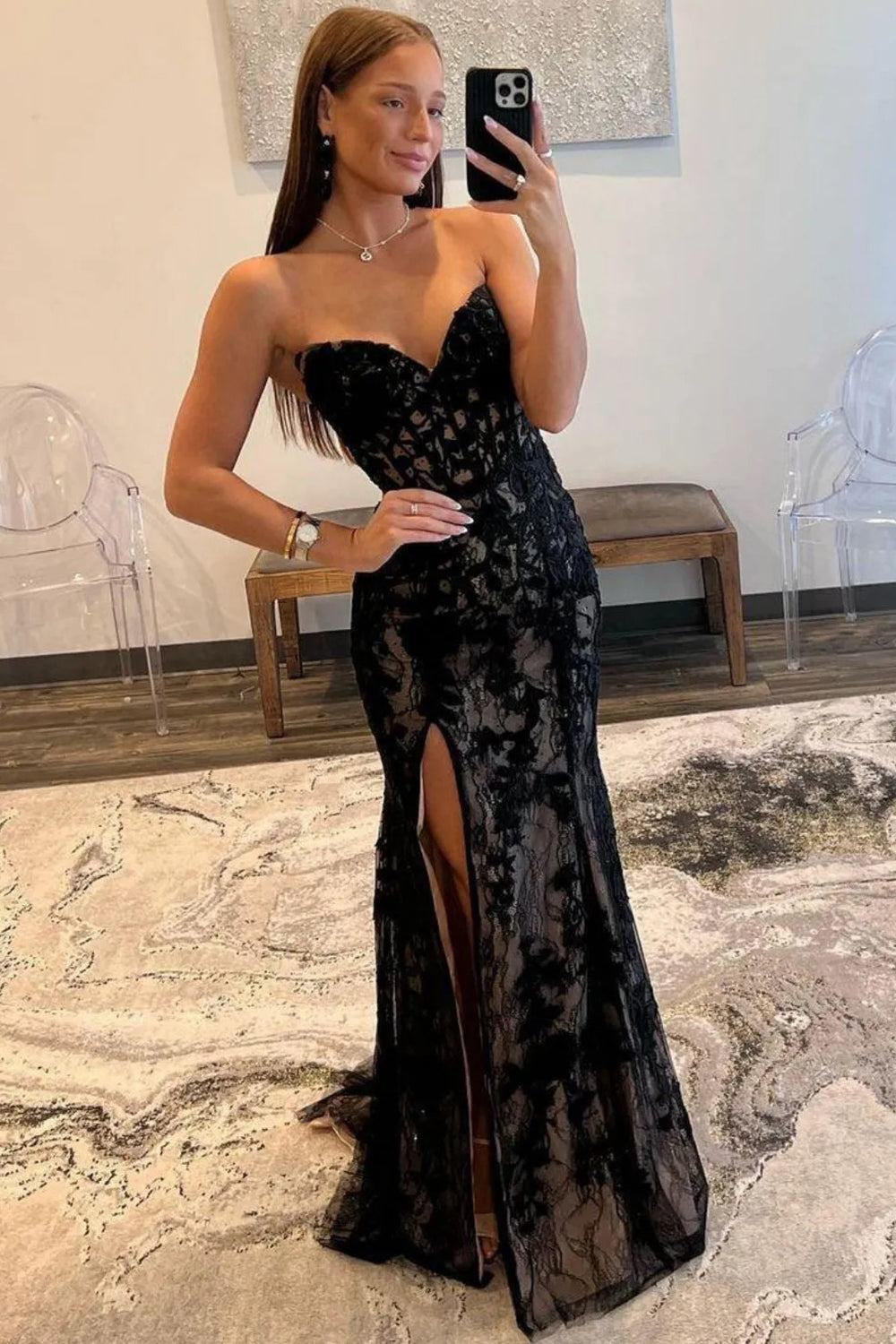 Black Lace Prom Dress for Women Long Mermaid 2026 Corset Lace Up Wedding Guest Dresses with Slit (HW062)