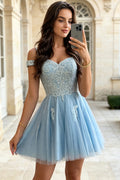 Off Shoulder Corset Homecoming Dress Sweetheart Glitter Tulle A-Line Short Graduation Dress With Lace-Up (HW179)