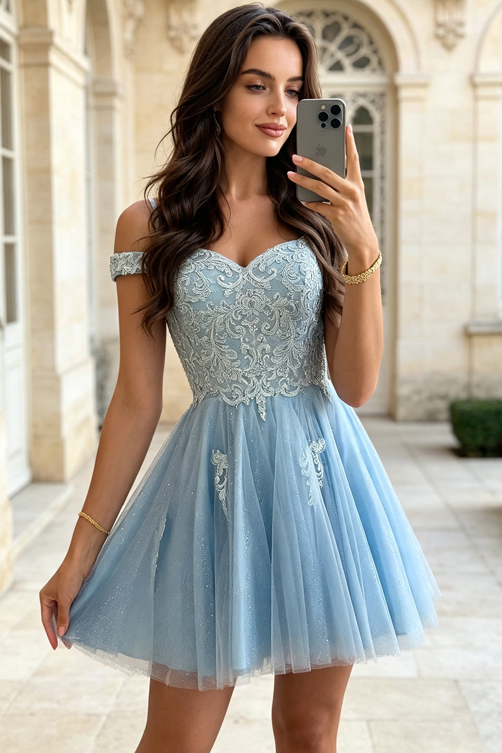 Off Shoulder Corset Homecoming Dress Sweetheart Glitter Tulle A-Line Short Graduation Dress With Lace-Up (HW179)