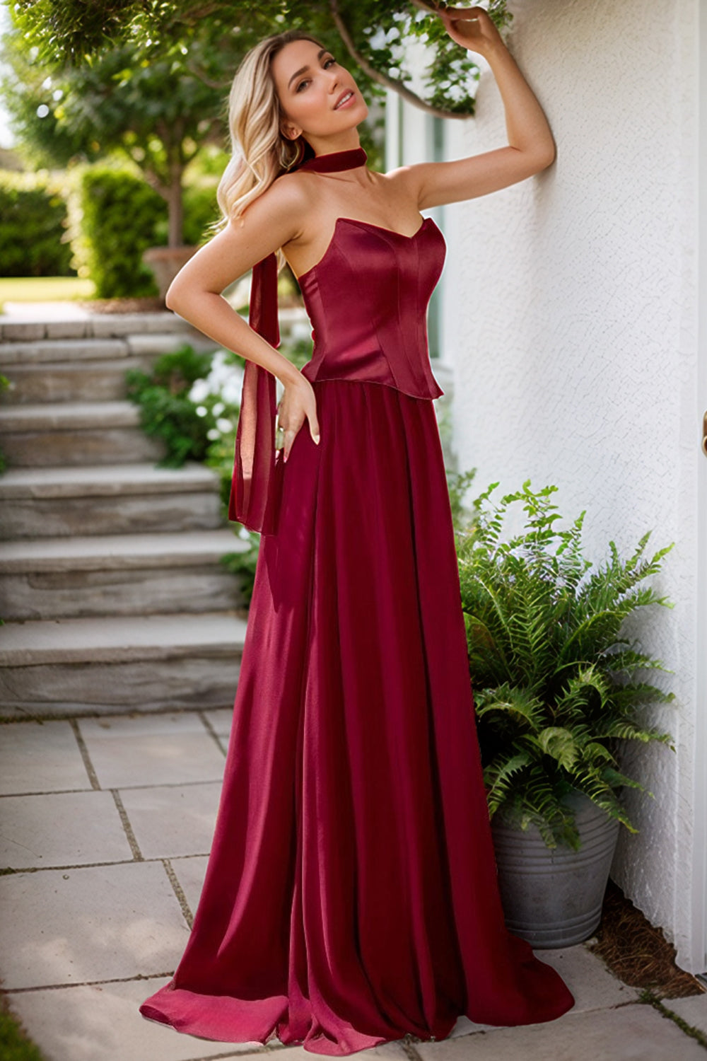 Chiffon Bridesmaid Dress for Women Long 2026 Sweetheart Corset Evening Dresses with Detachable Scarf Prom Gowns (HW017)