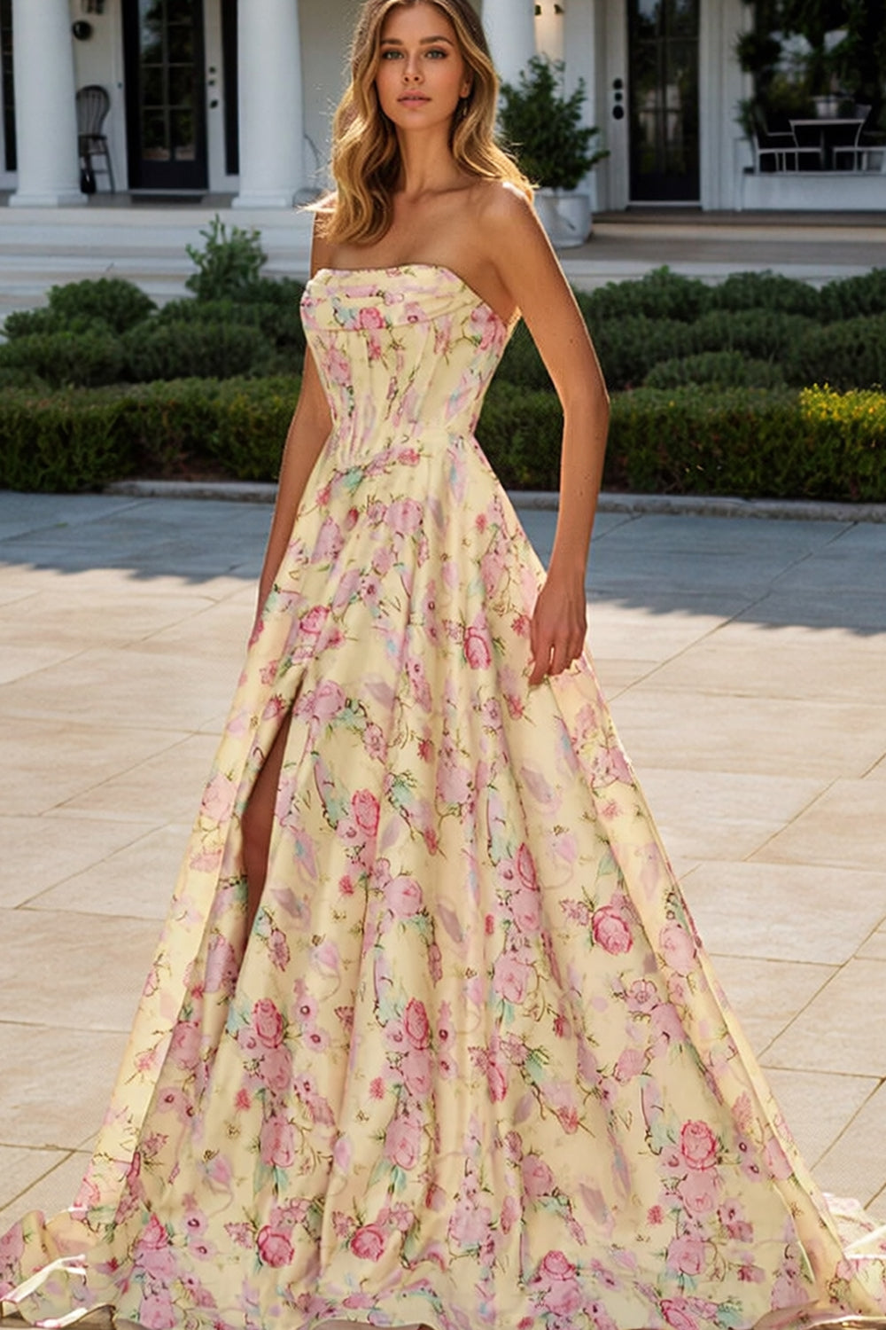 Satin Floral A Line Prom Dresses for Women Long Corset 2026 with Side Slit Strapless Wedding Guest Dress (HW004)