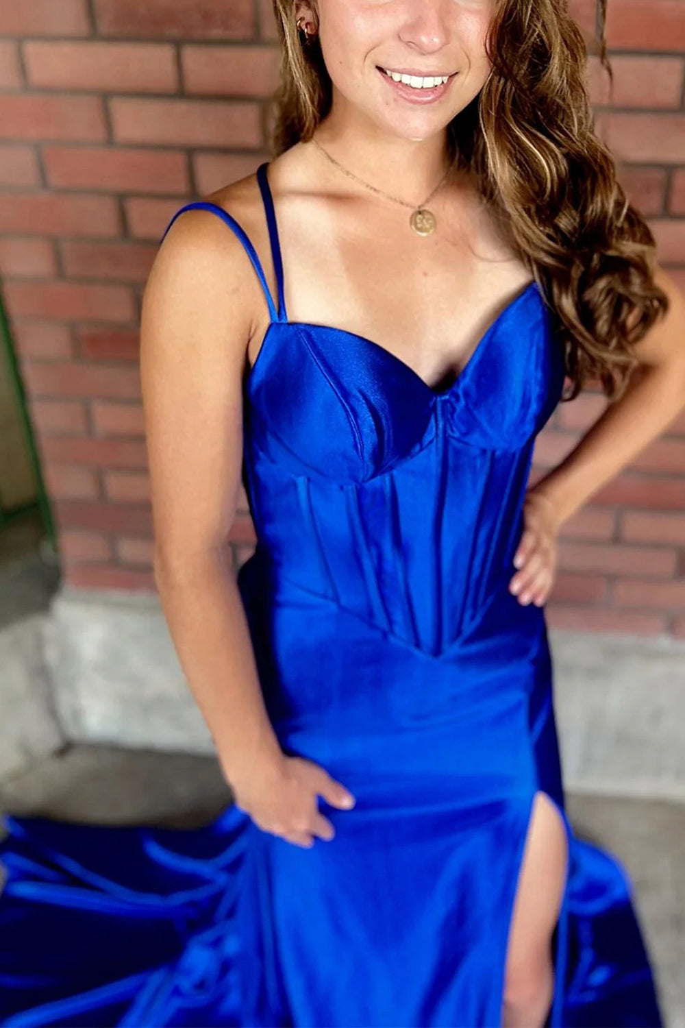 Satin Mermaid Spaghetti Straps Prom Dresses Side Slit Sweetheart Evening Dress Long for Women（HW045)