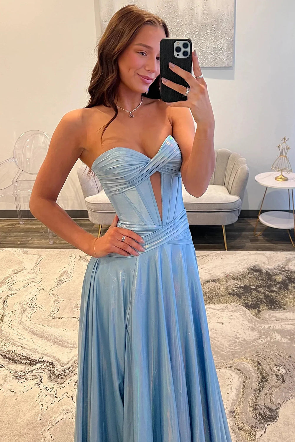 Metallic Satin Sweetheart Corset Prom Dresses Long Party Dress for Women (HW044)