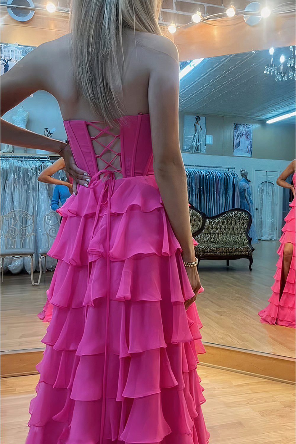 Prom Dresses for Women 2026 Strapless Long A-Line Corset Chiffon Tiered Wedding Guest Dress with Side Slit (HW014)