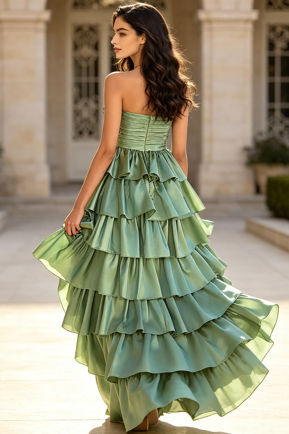 Strapless Satin Tiered Ruffle Prom Dress High Slit Back Zip Long Elegant Wedding Guest Dress (HW168)